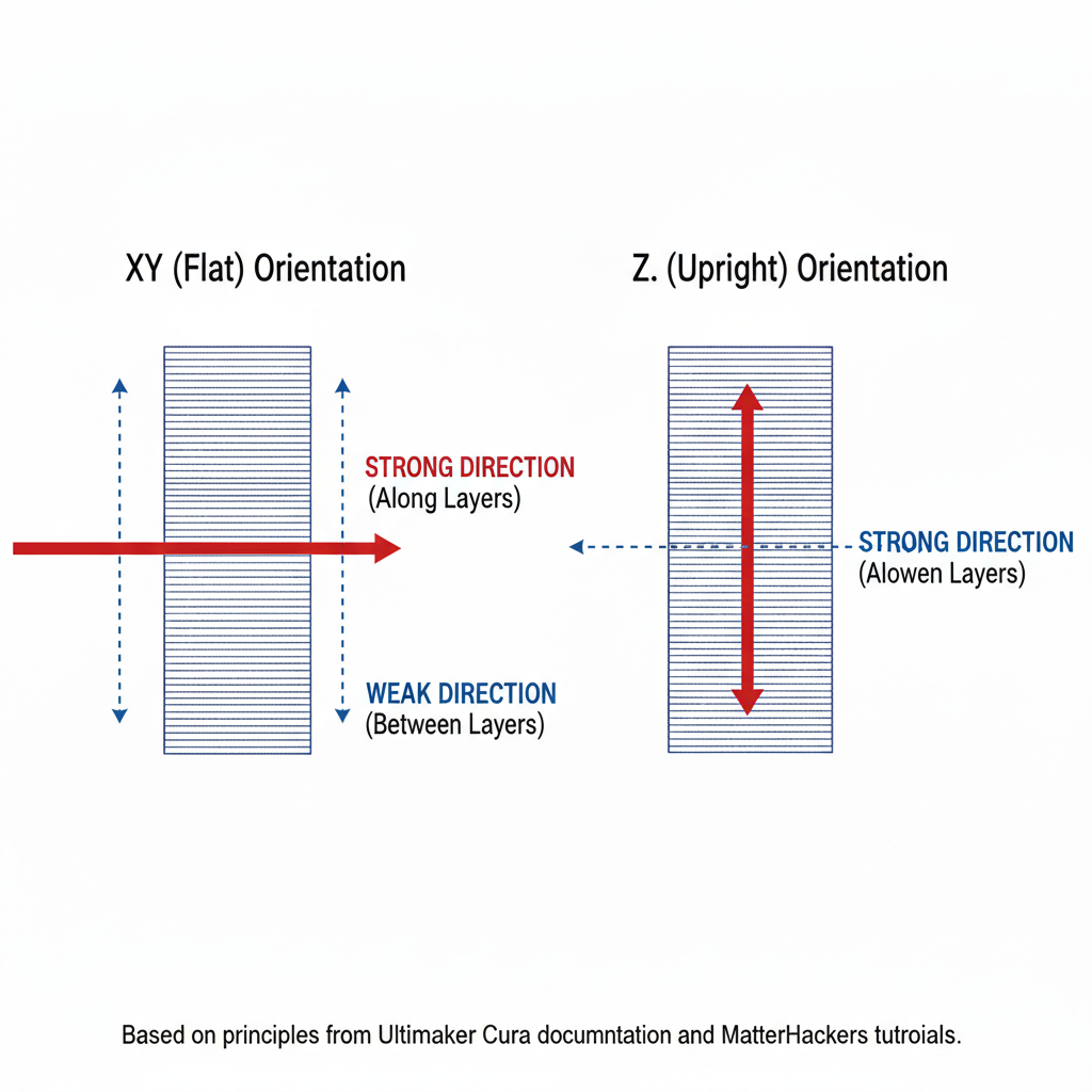 3D printing layer orientation: XY flat vs Z upright, showing strong and weak directions