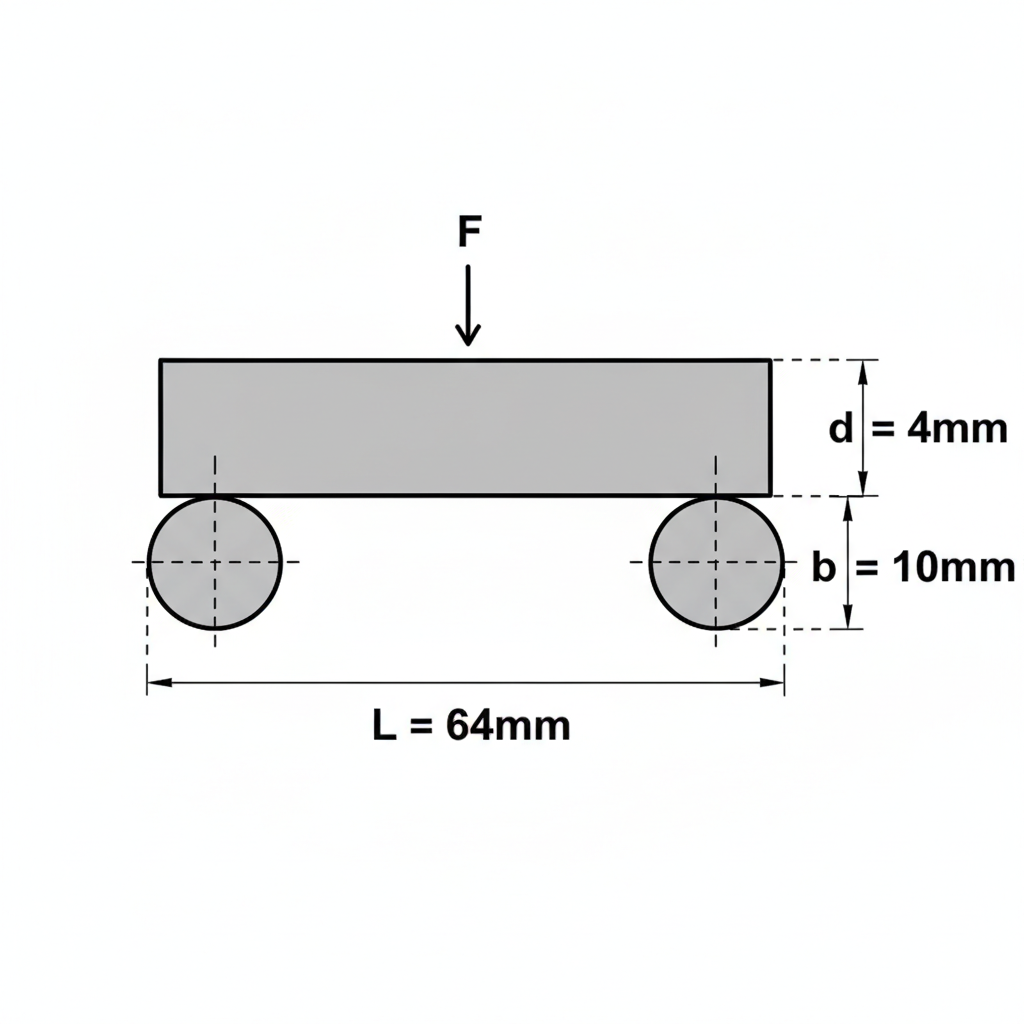 Three-point bend test diagram showing specimen on two supports with center force, dimensions labeled