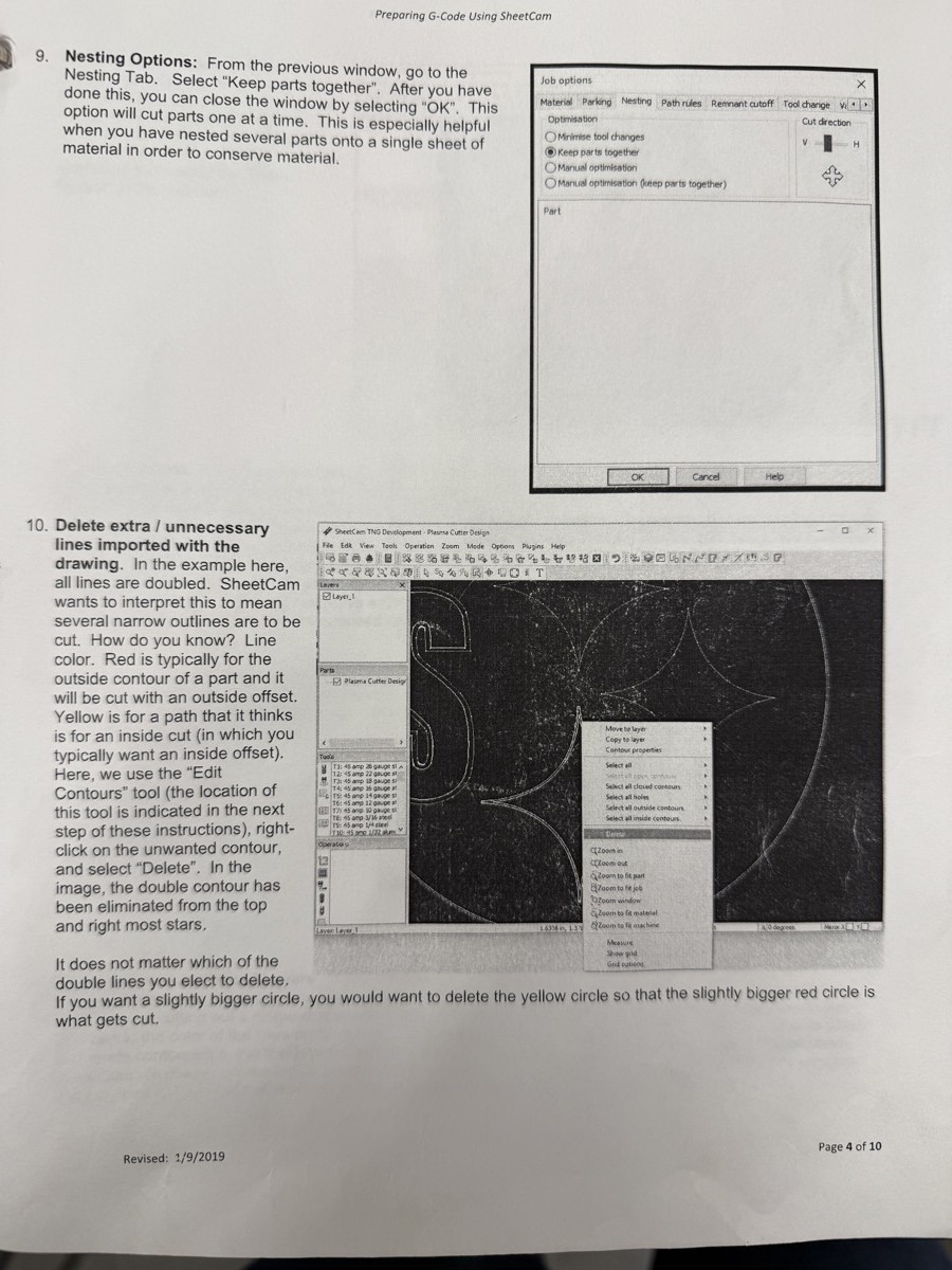 SheetCam contour operation showing toolpath setup and job options