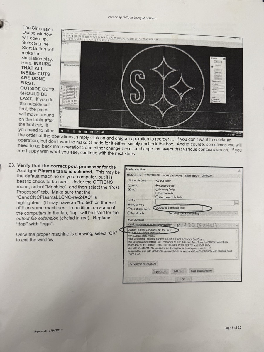 SheetCam showing simulation preview and post processor settings